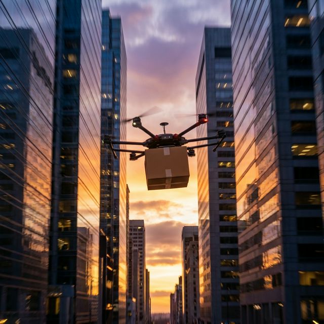 Delivery drone carrying a package flying between glass skyscrapers, sunset, motion blur, cinematic. No people.
